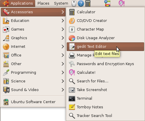Ubuntu 9.10 applications menu screenshot gEdit text editor