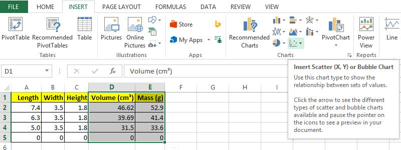 Excel 2013 xy scattergraphing