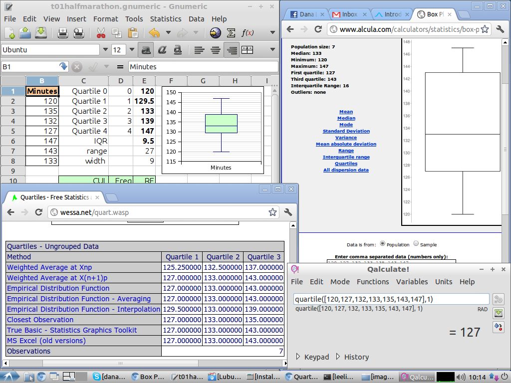 Gnumeric, Alcula, Wessa, Qalculate display quartile calculation differences for a small sample size