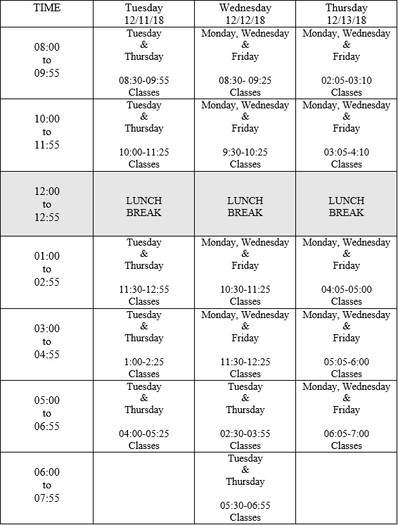 COMFSM CTEC Final Examination Schedule Fall 2018