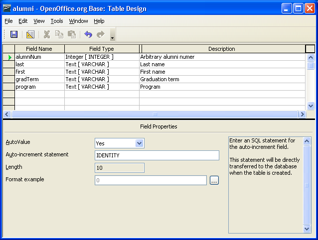 OpenOffice.org 2.0 Base table designer