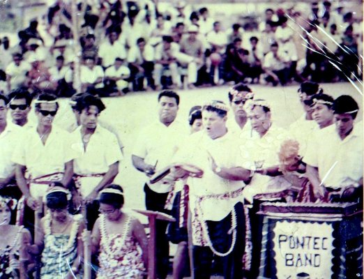 Pohnpei (Ponape) airport dedication spring 1970. Song presentation by Harvey Segal and the Ponape Teacher Education Center band (retinex processed)