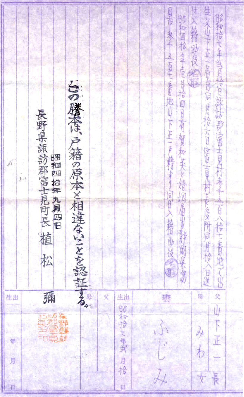 Kazuhide Aruga birth certificate 1936