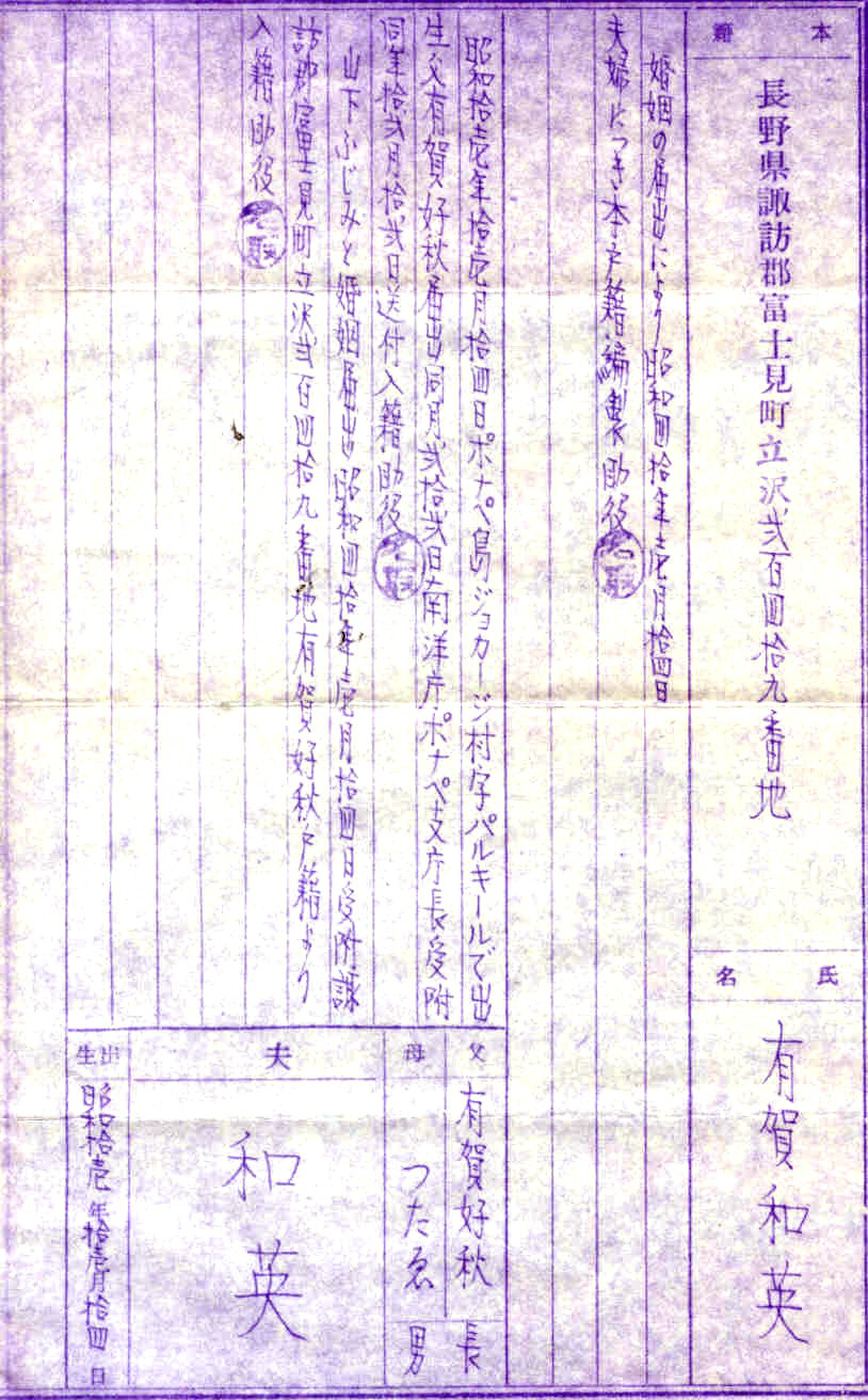 Kazuhide Aruga birth certificate 1936