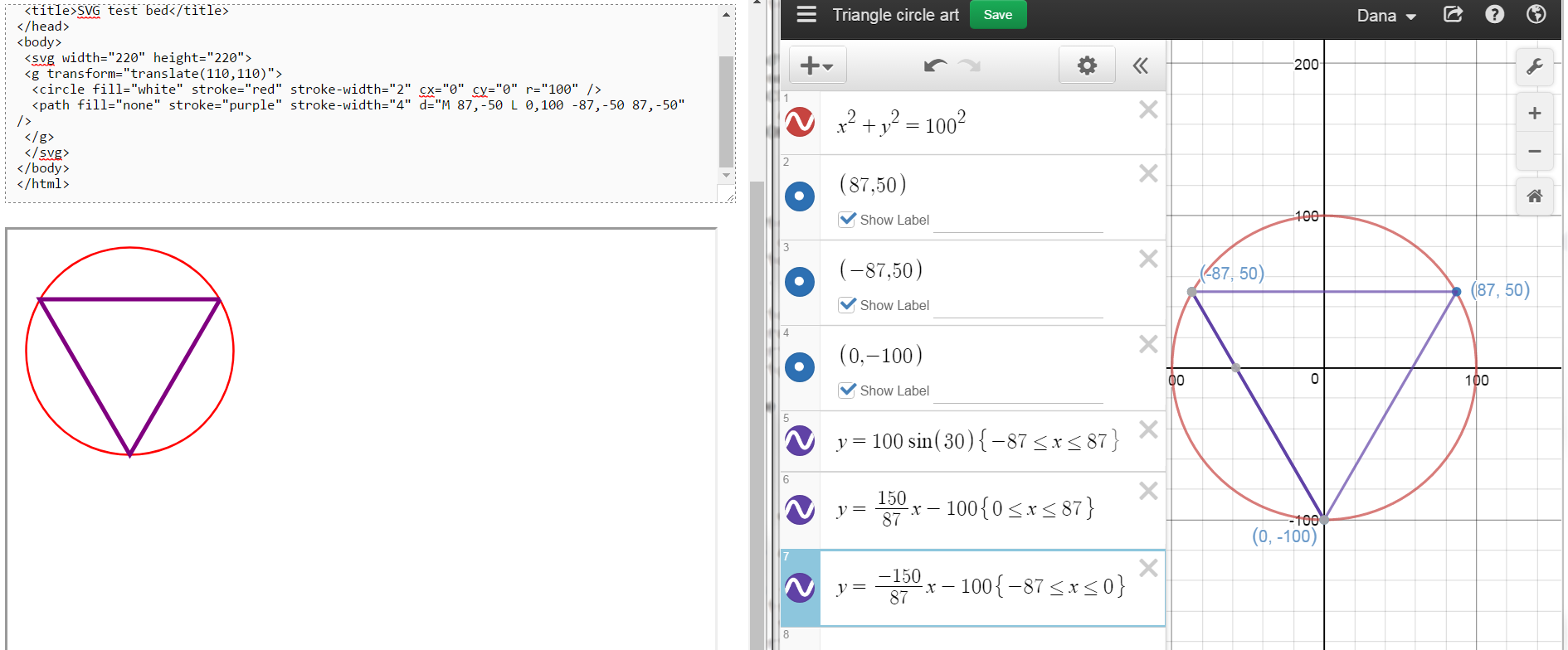 equilateral triangle in circle in Desmos