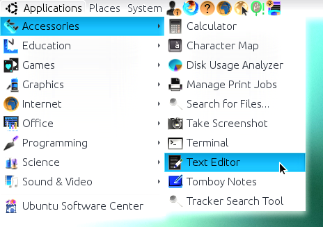 Ubuntu 10.10 text editor menu screenshot