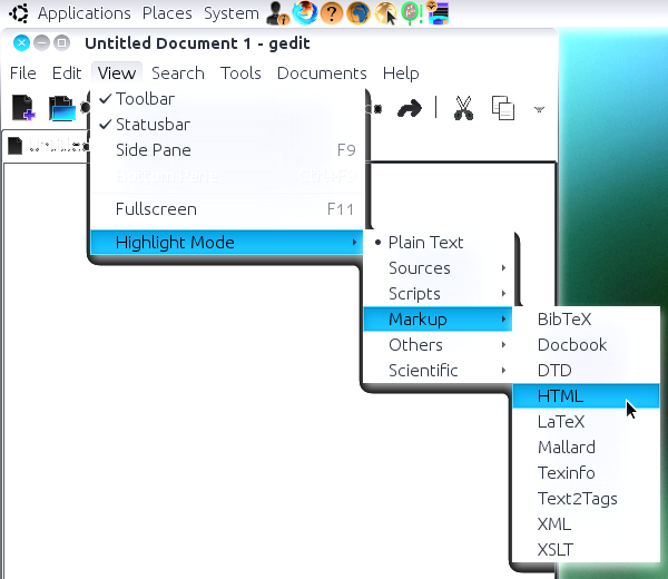 Ubuntu 10.10 text editor highlight menu screenshot