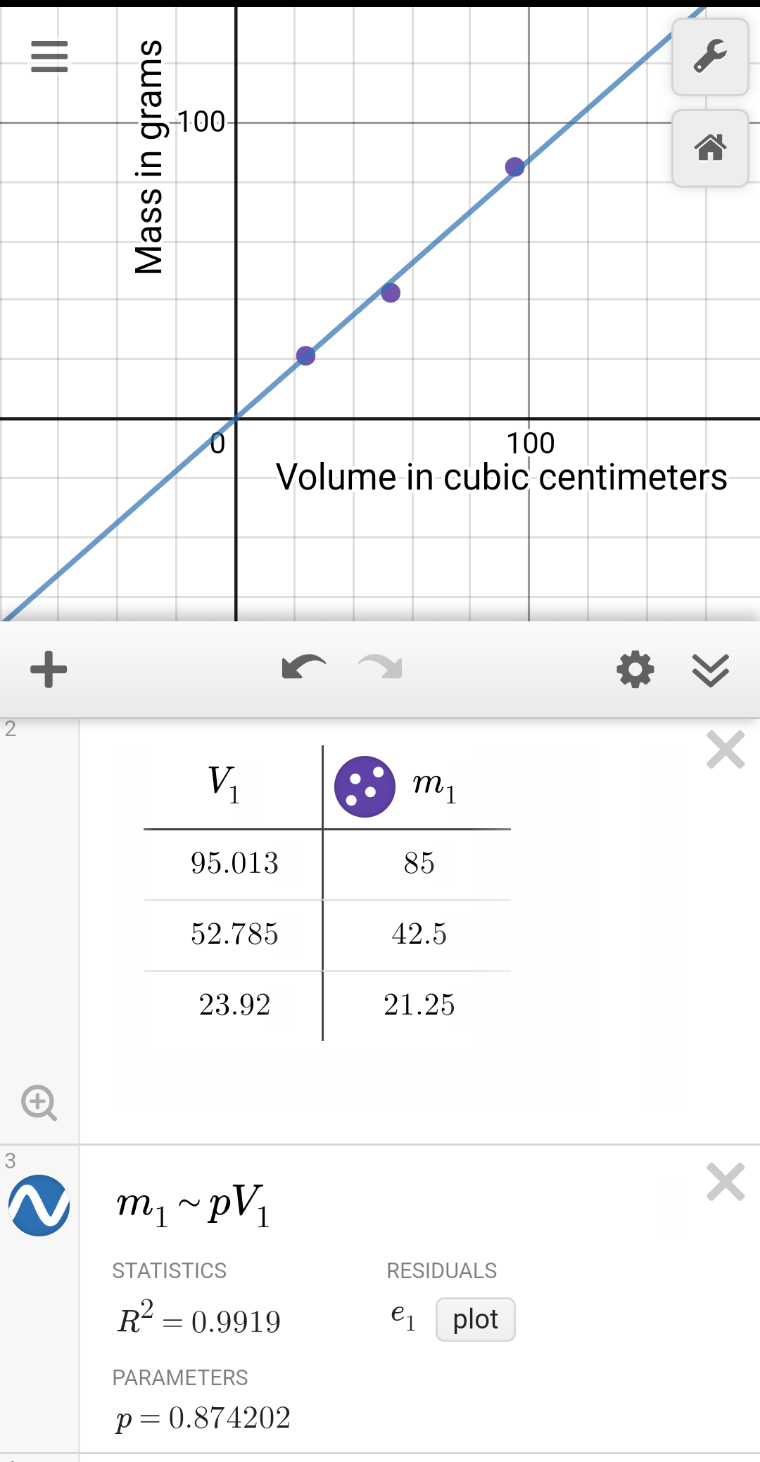 Data table in Desmos on Motorola Moto G7 Android smart phone