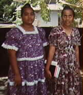 Shrue and her sister, Yonis Kilafwasru in Kosraen Sunday dresses.