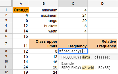 Google Sheets frequency table creation process