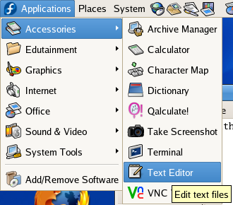Fedora text editor menu screenshot
